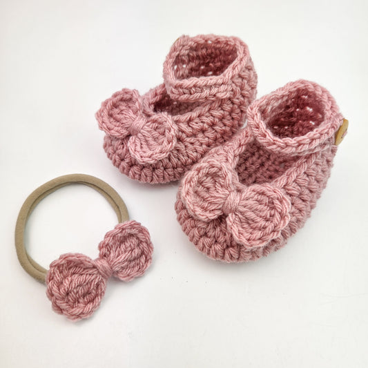 Pink Mary Jane Booties with Matching Bow Headband - 3-6 months