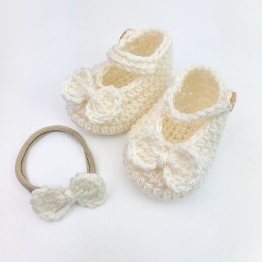 Cream Mary Jane Booties with Matching Bow Headband - 3-6 months