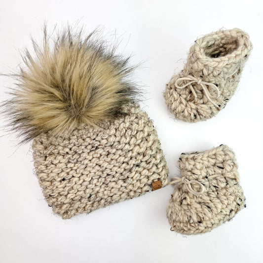 Oatmeal Baby Beanie and Booties - 0-3 months