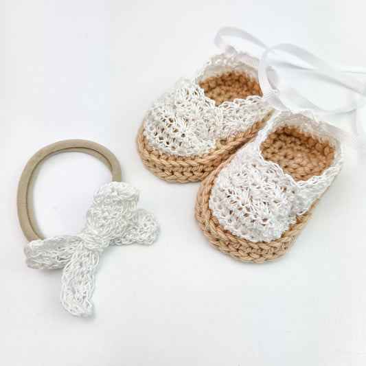 Crochet Baby Espadrilles with Matching Lace Bow Headband - 0-3 months