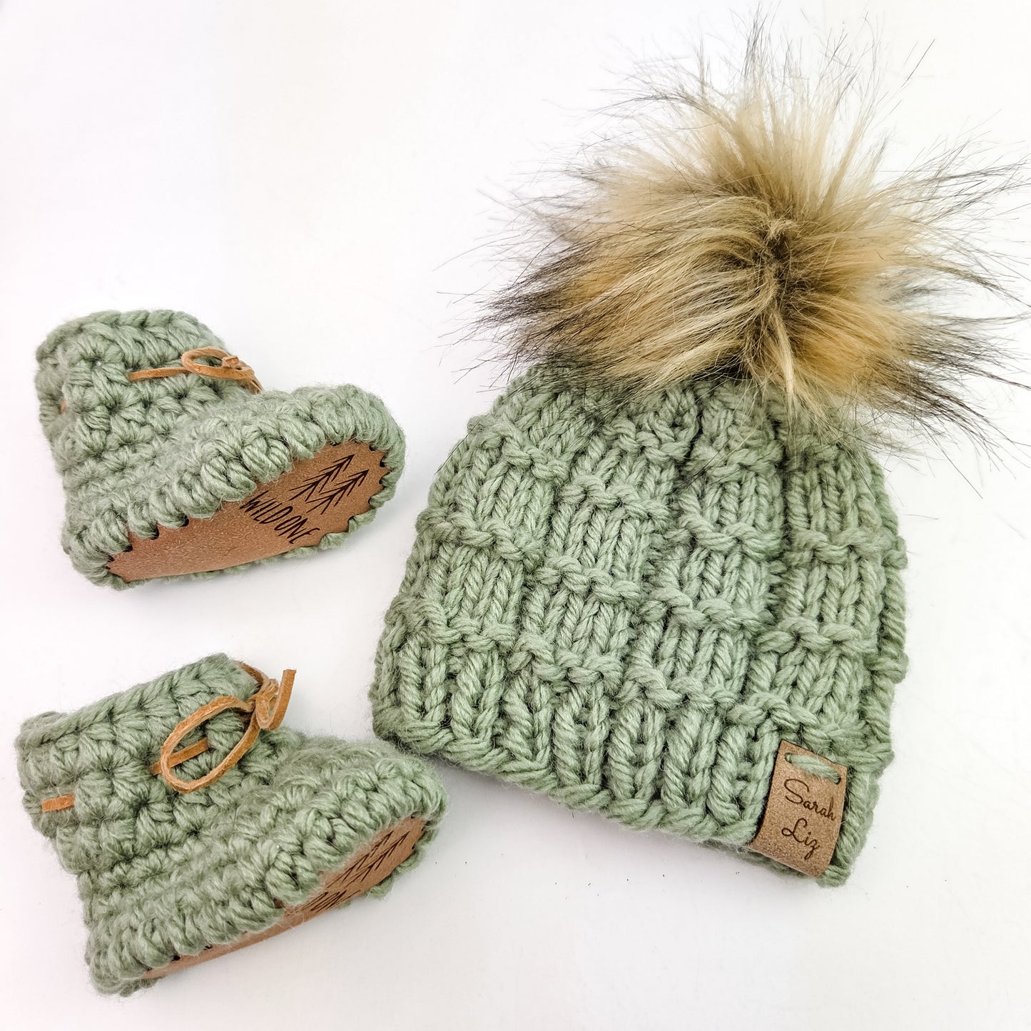 Green Knit Baby Hat with Matching Booties - Newborn Size