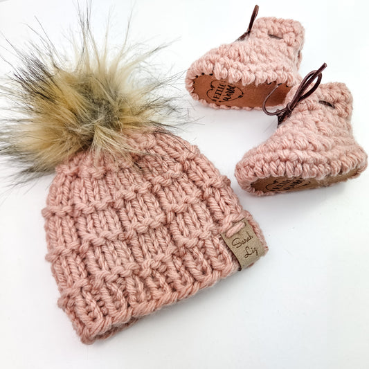 Pink Knit Baby Hat with Matching Booties - Newborn Size
