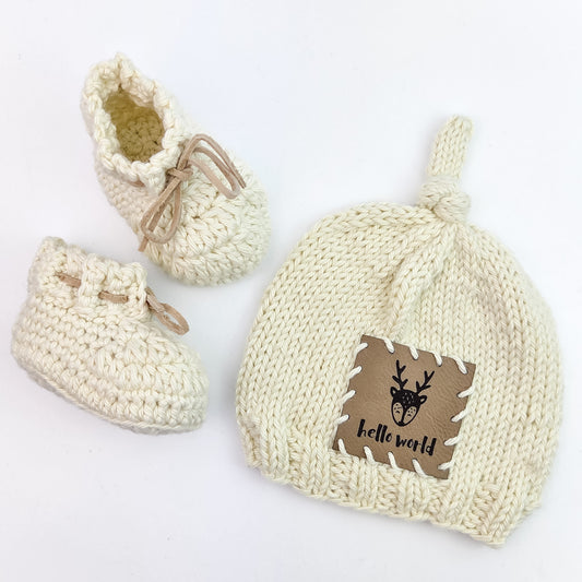 Cream Hello World Baby Beanie with Matching Booties - 0-3 months size