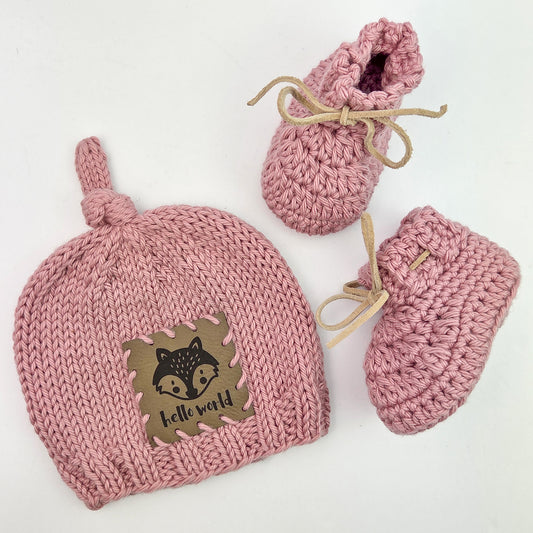 Pink Hello World Baby Beanie with Matching Booties - 0-3 months size