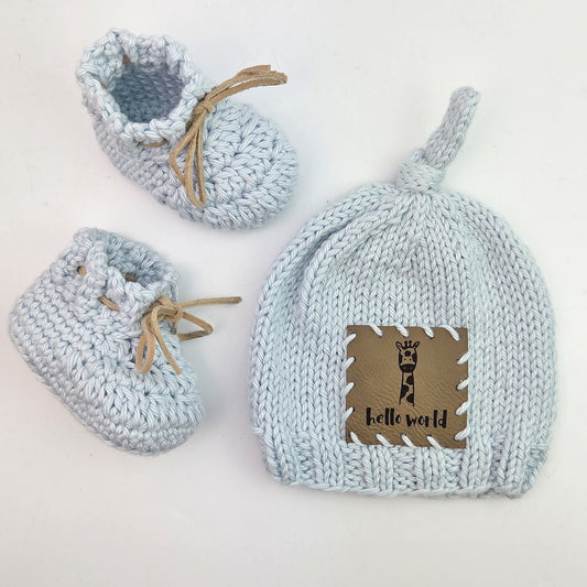Blue Hello World Baby Beanie with Matching Booties - 0-3 months size