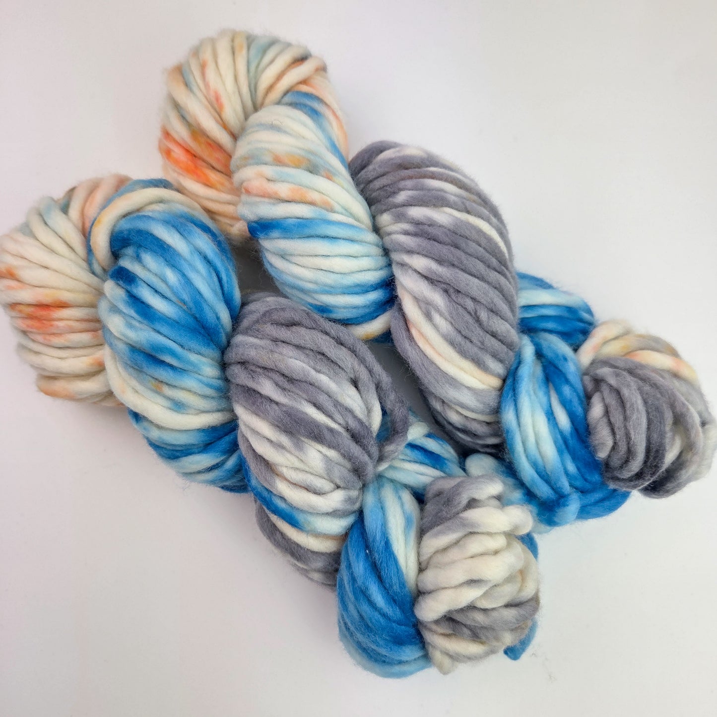 Hand Dyed Yarn - Blue/Gray/Orange on Super Bulky Single Ply