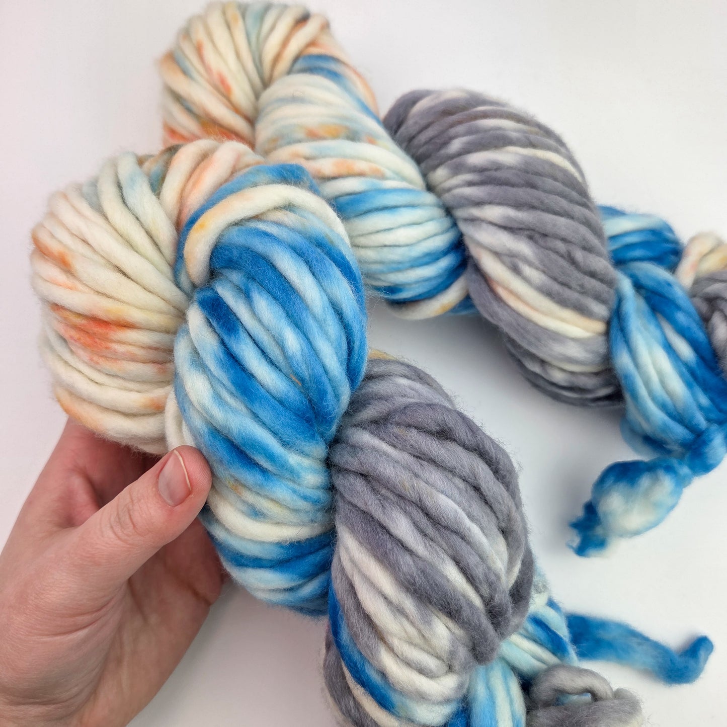 Hand Dyed Yarn - Blue/Gray/Orange on Super Bulky Single Ply