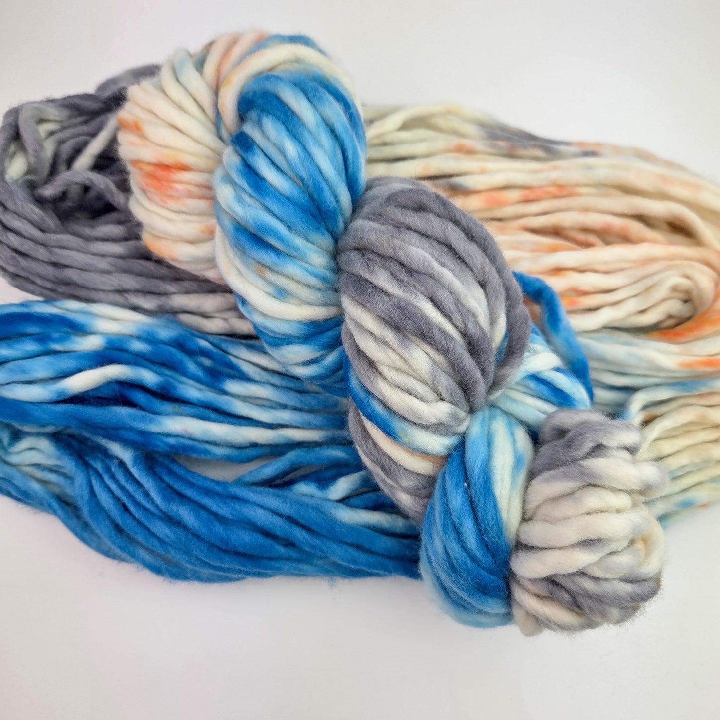 Hand Dyed Yarn - Blue/Gray/Orange on Super Bulky Single Ply